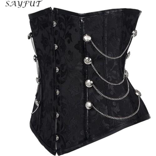 SAYFUT Underbust Steampunk Corset Waist Control Gothic Corsets Cincher Bustiers with Chains Embroidery Short Waist Trainer