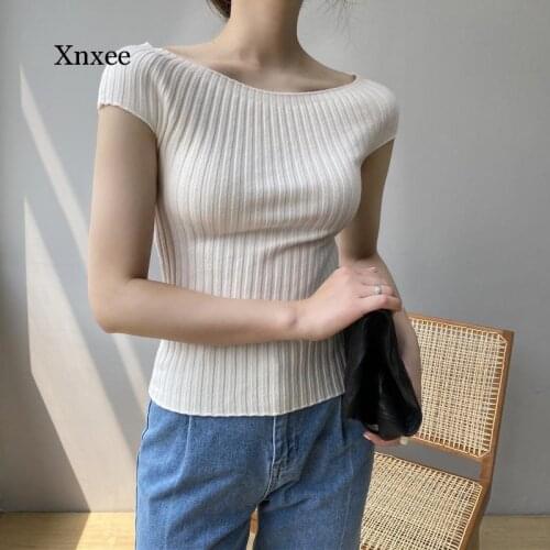 Summer Slim Sweater T Shirt Women T Shirt Fashion Knitted Pullover Basic Tees Short Sleeve Solid Stand Collar Tops Clothing