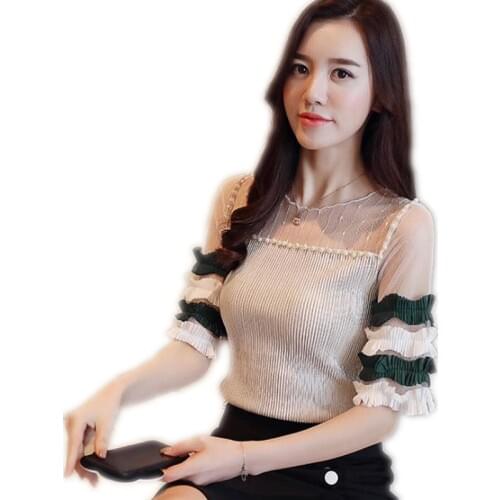 Summer Spring Women Sexy Patchwork Mesh Blouses Tops 2018Female O-Neck With Pearls Chiffon Petal Sleeve Fashion Mujer BlouseQ317