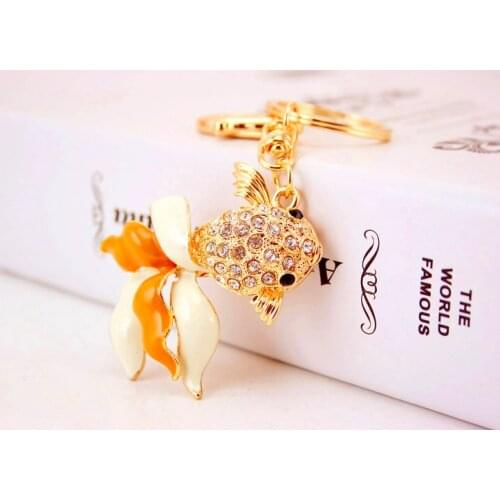 Cute Goldfish Keychain Crystal Keyrings Cool Gold Rhinestone Keyrings Purse Bag Car Keychains Jewelry Key Ring Drop Shipping