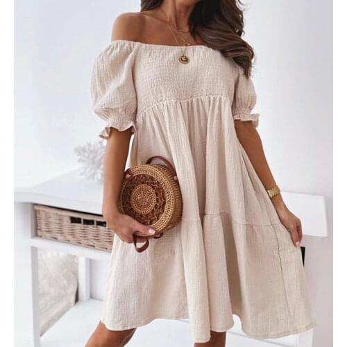 Fashion Sexy Off Shoulder Ruffle Mini Dress Casual Short Sleeve Women Party Dress Elegant Slash Neck Loose Summer Dress Vestidos