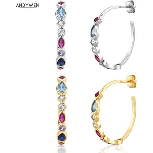 ANDYWEN 925 Sterling Silver Big Hoops 25mm Luxury Circle Fashion Fine Jewelry Colorful Rainbow Cross Rock Punk Jewelry CZ