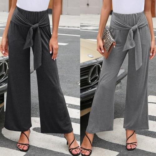 Fashion Women Solid Color Straight Through Wide Leg Casual Pants Pure Cotton Fall Winter 2020 Bow Tie tie Loose High Waist Thin