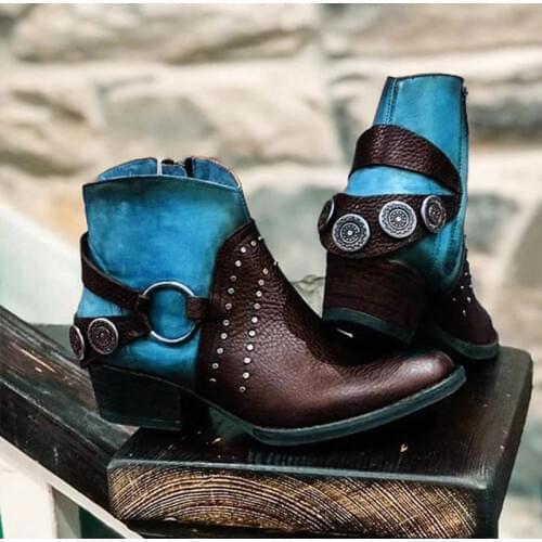 New Women Ankle Boots Ladies British PU Rivet Metal Buckle Woman Boots Female Chunky Heels Mixed Color Fashion Platform Shoes