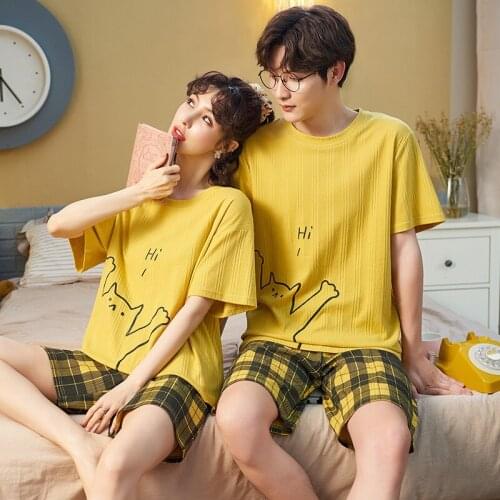 Korean Sweet Yellow Plaid Shorts Couple Pajamas Set Cartoon Cute Sleepwear Short Sleeve Homewear Women Men Casual Soft Nightwear