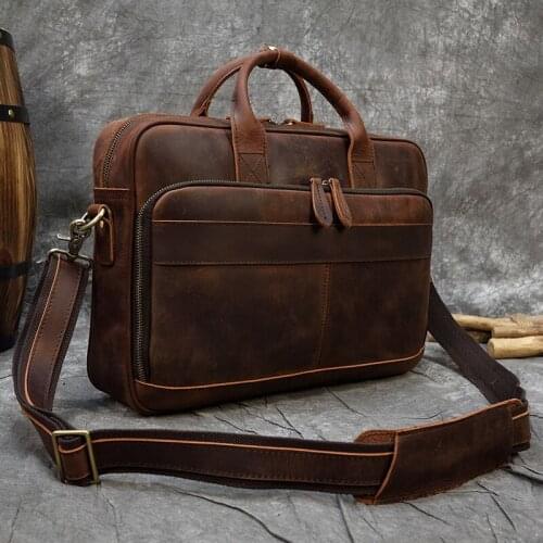 Vintage Mens Crazy Horse Genuine Leather Briefcase Cowhide Business Handbag Cow Leather Laptop Portfolio Shoulder Messenger Bag