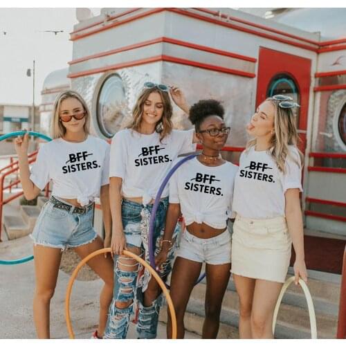 1pcs BFF SISTERS Letters Printing Casual Tee Solid Color Best Friends Matching T-Shirt Girls Fashion Tumblr Best Sister Tee