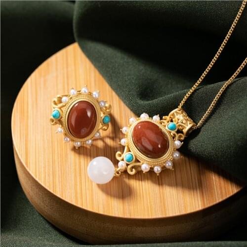 925 silver inlaid natural southern red agate pearl turquoise pendant necklace niche light luxury charm female brand jewelry set