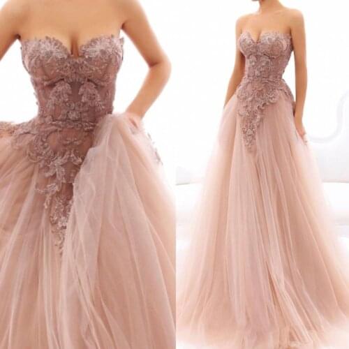 Fluffy Dusty Pink Long Prom Gowns 2018 Off the Shoulder A Line Appliqued Tulle Evening Gowns Haute Couture Formal Party Dress