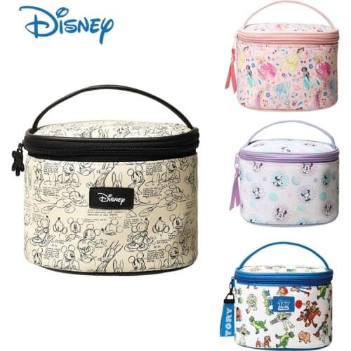 Disney Genuine Cute Cosmetic Bag Princess Mickey Minnie Stitch Large Capacity Round Bucket Portable Wash Bags Travel Storage Bag