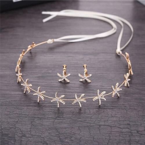 Le Liin Bridal Headband Earrings Sets Crystal Starfish Headpiece Beach Wedding Hair Accessories Hair Jewelry With Ribbon