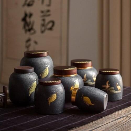 Japanese Ceramic Retro Tea Caddies with Wood Lid Porcelain Tea Canister Sealed Spice Jar Candy Storage Tank Food Container