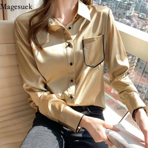 Korean Ladies Elegant Satin Silk Shirt Vintage Long Sleeve Professional Blouse Women 2021 New Fashion Chiffon Pocket Tops 12804