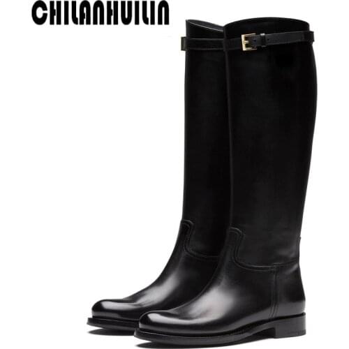 New womens knee high boots high quality cow leather+microfiber brand runway military boots women shoes autumn winter snow boots