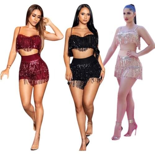 2021 Summer Women Set Street Sleeveless Print Crop Tops Shorts Sexy Night Party Two Piece Tassel Nightclub Style Sequin Set