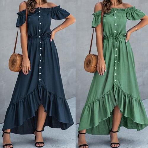 Skin-friendly Midi Dress Horizontal Collar Irregular Hem Loose Short Sleeve Summer Fashion Single Breasted Dresses