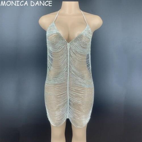 Women Sexy Stage Flashing Silver Rhinestone Chains Backless Short Dress Dancer Hollow Prom Birthday Celebrate Dance Dress