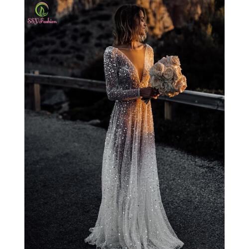 SSYFashion New Luxury Evening Dress Long Sleeves V-neck Backless Sequins Beading Shining Transparent Beach Formal Gown for Women