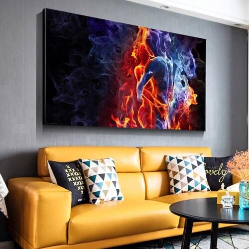 Abstract Figure Ice and Fire Lover Hug Wall Art Drawing Picture Decorative Painting Printed On Canvas for Living Room Bedroom