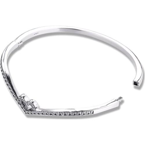 2021 New Sparkling Wishbone Heart Bangle Fits Original 925 Silver Charms & Beads Woman DIY Jewelry Making