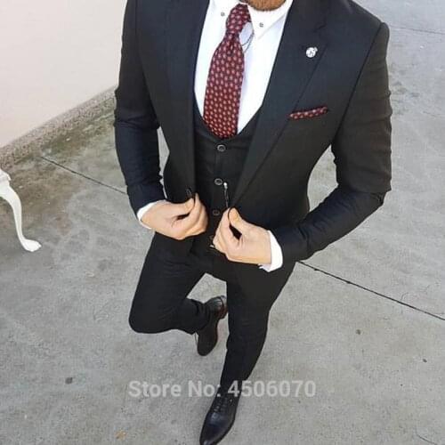 Black Mens Suits Casual Business Slim Fit Wedding Tuxedos Groom Wear Bridegroom Prom Suits Costume Homme 3Pcs(Jacket+Pants+Vest)