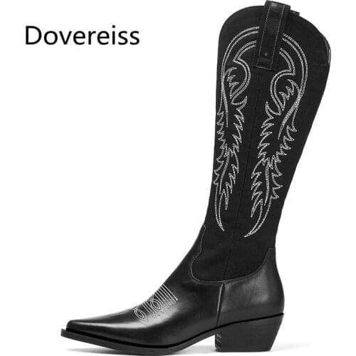 Dovereiss Fashion Womens Shoes Winter Concise New Embroidery Cowhide Zipper Clear Heels Boots Knee high Boots
