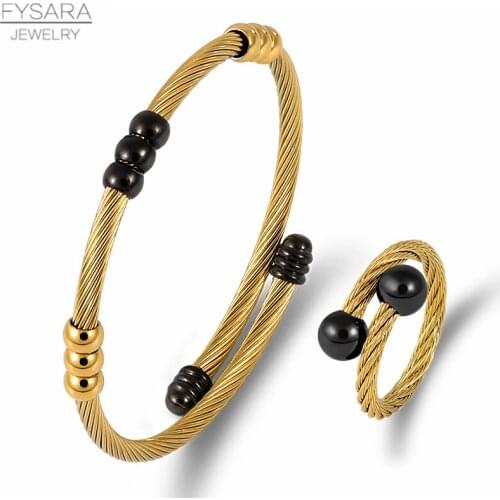 FYSARA Twist Cable Wire Jewelry Set Stainless Steel Fashion Cuff Bracelets & Rings Women Men Party With Bead Wire Jewelry Set