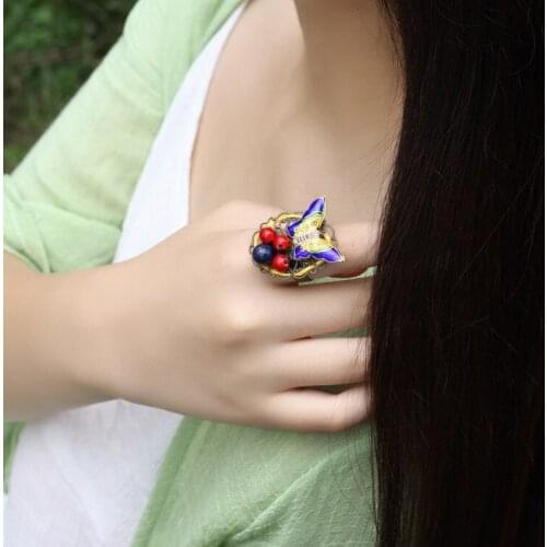 New Chinese stone jewelry crystal butterfly ring,fashion vintage ring,enamel Cloisonne finger ring, colored painted ring