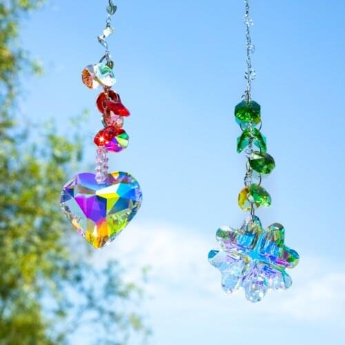 H&D Crystal Rainbow Suncatchers Glass Chakra Pendant with AB Coating Four-Leaf Clover/Heart-Shaped Prism for Window(Pack of 2)