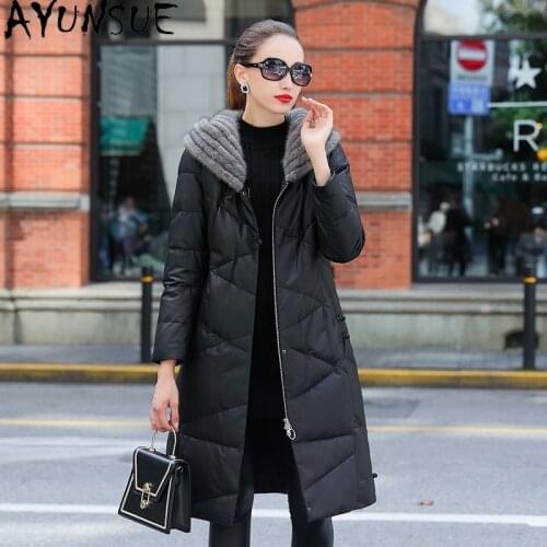 Genuine Leather Jacket Women Hooded Sheepskin Coat Female Warm Womens Winter Down Jackets Real Fur Collar Abrigo Mujer Pph1805