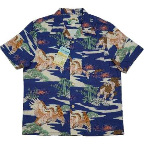 BOB DONG Chinese Style Men Hawaiian Pocket Tee Shirts Vintage Short Sleeve Blue
