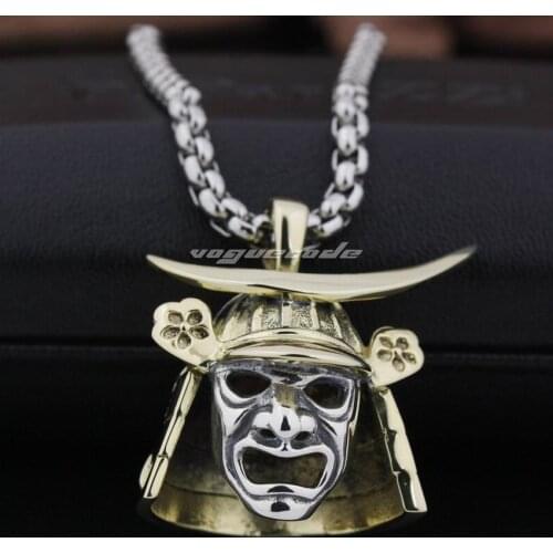 925 Sterling Silver Face Mark Brass Japanese Samurai Armor Mens Biker Punk Pendant 8Q024