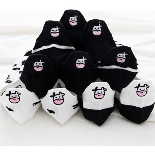 5Pairs/Bag Cartoon Cow Embroidery Shallow Mouth Sock Summer Black White Casual Cotton Socks Lovely Female Striped Ankle Soxs