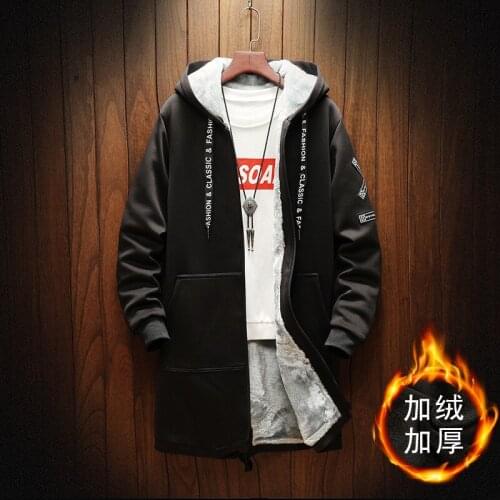 Autumn/Winter Hip Hop Mens Fleece-Lined Thick Windbreaker Man Printed Casual Jacket Mid-length Trench Coat Male 2 Colors M-5XL