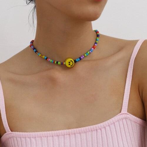 HaHaGirl Bohemian Colorful Bead Smile Face Necklace for Women Summer Short Beaded Collar Clavicle Choker Necklace Female Jewelry