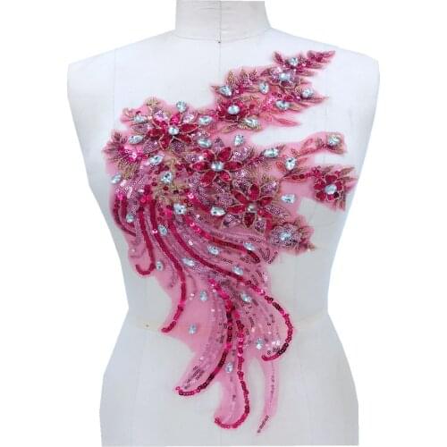 Sew on Three-dimensional flower patches rose red lace applique 50*24cm with hand sewing stones for dress DIY accessories