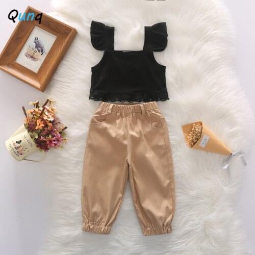 Qunq 2021 Black Tops Long Pant Kids Clothes for Girl New Spring Summer Fashion Children Suits 1 2 3 4 5 Year Toddler Girl Set