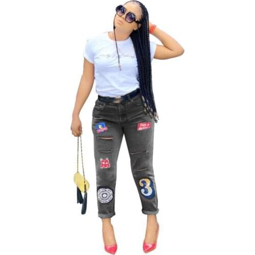 Letter Pattern Embroidered Ripped Jeans Women Fashion Slim Fit Mid Waist Straight Leg Jeans
