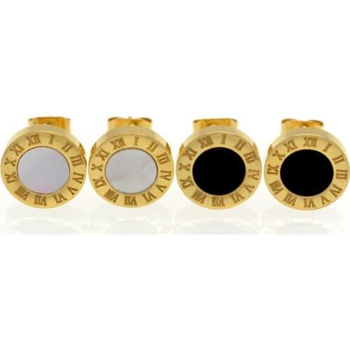 Fashion Brand Jewelry White Shell And Black Enamel Roman Numeral Stud Earring Stainless Steel Luxury Jewelry Female Earring E102