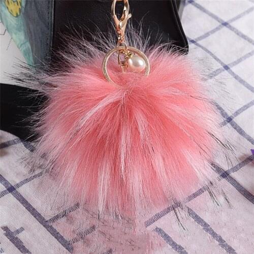 Cute Fluffy Faux Rabbit Fur Ball Keychain Women Car Key Chain Ring Pompom Pearl Decoration Pendant For Bag Backpack Accessories