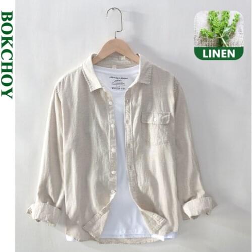 Vintage Linen Shirts for Men Comfortable and Breathable Linen Cotton Blend Long Sleeve Big Pockets Thin GML01-730