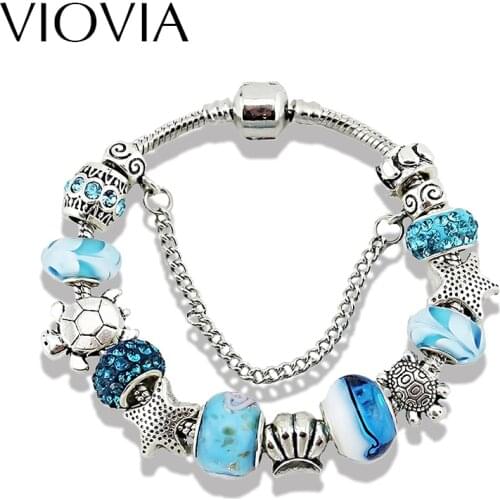 2017 Ocean Style Jewelry Starfish Charm bracelets & bangles for women Fashion Blue Glass Beads Diy Bracelet Pulseira Gfit B15156