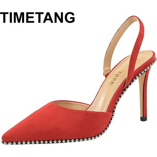 TIMETANGWomen Pumps spring New Women High Heels Suede Women Shoes High Heel Womens sandals Crystal Wedding Shoes red Black