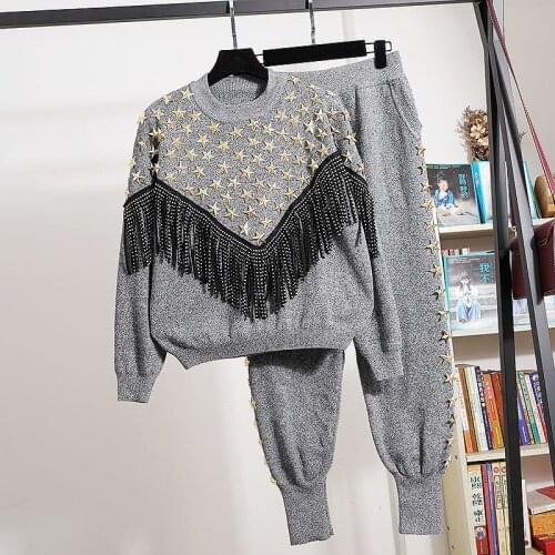 Fashion Black Gray Knit Outfits Female Chain Chain Long Sleeve Sweater Long Pants Tracksuits 2pc Female Loose Casual Knitted Set