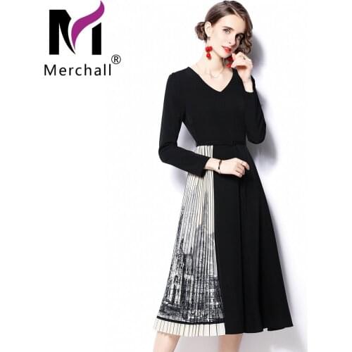 2021 Autumn Winter Office Lady Elegant Knee-length Pleated Dress Female Patchwork V Neck Long Sleeve Party Robe with Belt M71814