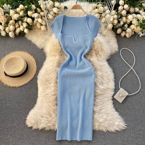 ZCWXM Spring Summer Knitted Sexy Bodycon Dress Women Elegant Back Slit Square Neck Short Cap Sleeve Casual Vintage Midi Dress