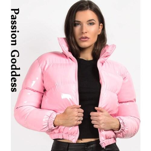 Winter Women Shiny PU Leather Jacket Cropped Parka Warm Thick Bubble Coat Pink Leather Down Parka Zipper Loose Puffly Jacket XXL