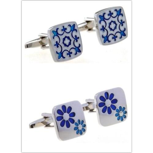 10pairs/lot Silver Square Cufflinks Vintage Blue Flower Pattern Cuff Links Copper Made Cufflinks Mens Wedding Jewelry Gift