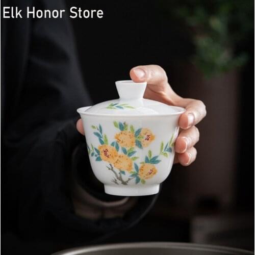 150ml Hand Painted Camellia Art Tea Tureen White Jade Porcelain GaiWan Flower Tea Cups Tea Cover Bowl Women Office Decoration