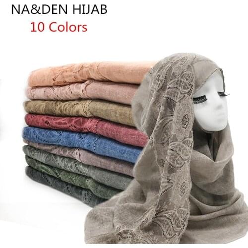 2019 New Fashion Designer Autumn Lace Linen&Cotton Scarf Women Solid Color Muslim Red Black Hijab Scarves Head Hair Scarf Shawls